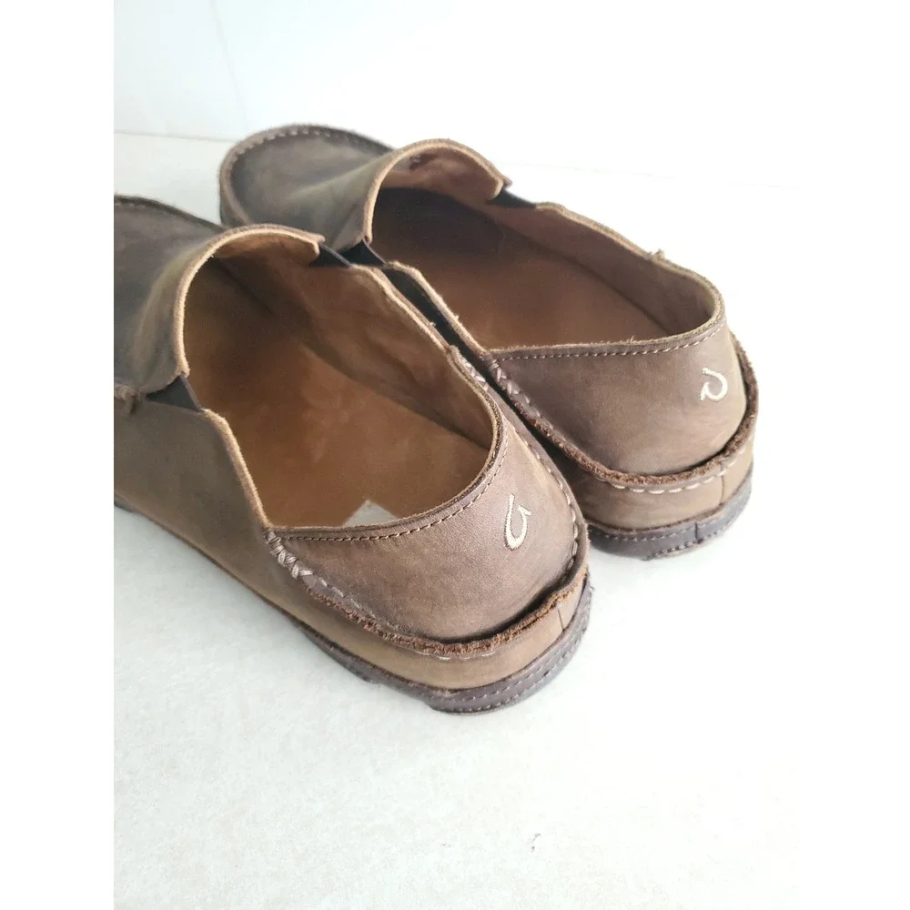 OluKai Moloa Slip On Shoes Dark Wood Leather Comfort Casual Loafers Mens 13